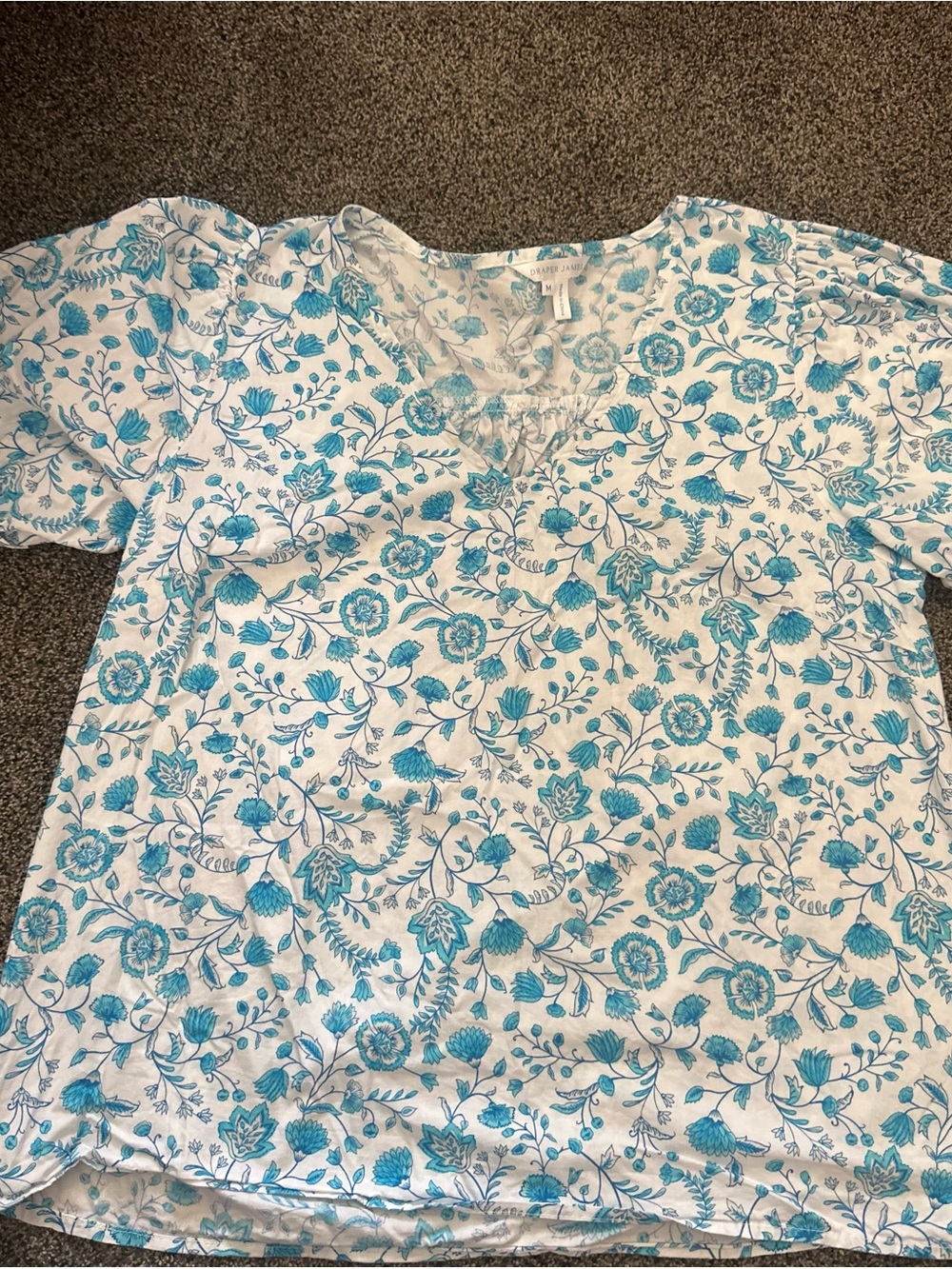 Draper James White Top with Turquoise Floral Print- M